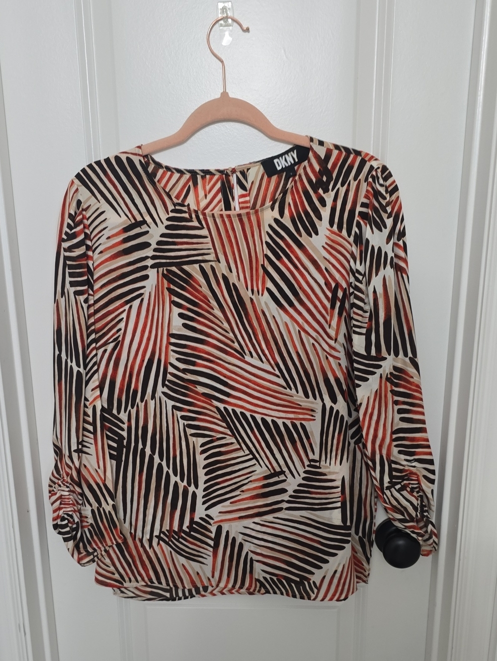 DKNY Abstract Stripe Long-Sleeve Blouse — Cream, Black & Rust